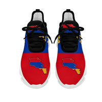 Black Armenia clunky sneakers, red blue yellow flag print, lace-up front view