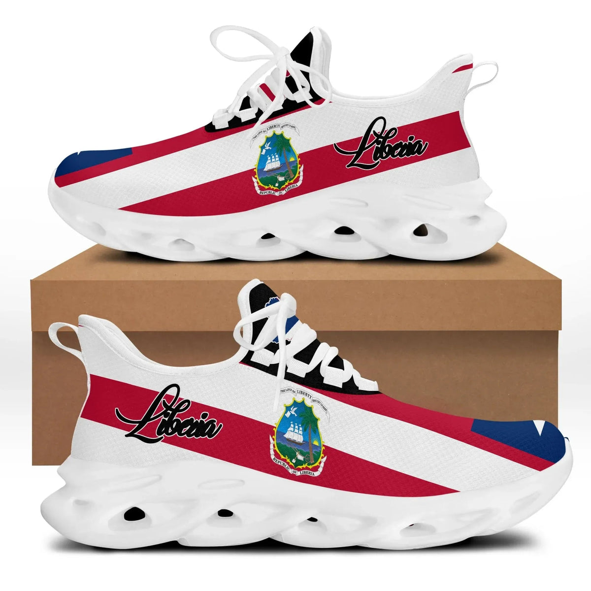 White clunky sneakers with red and blue side stripe, lace-up, perforated sole.
