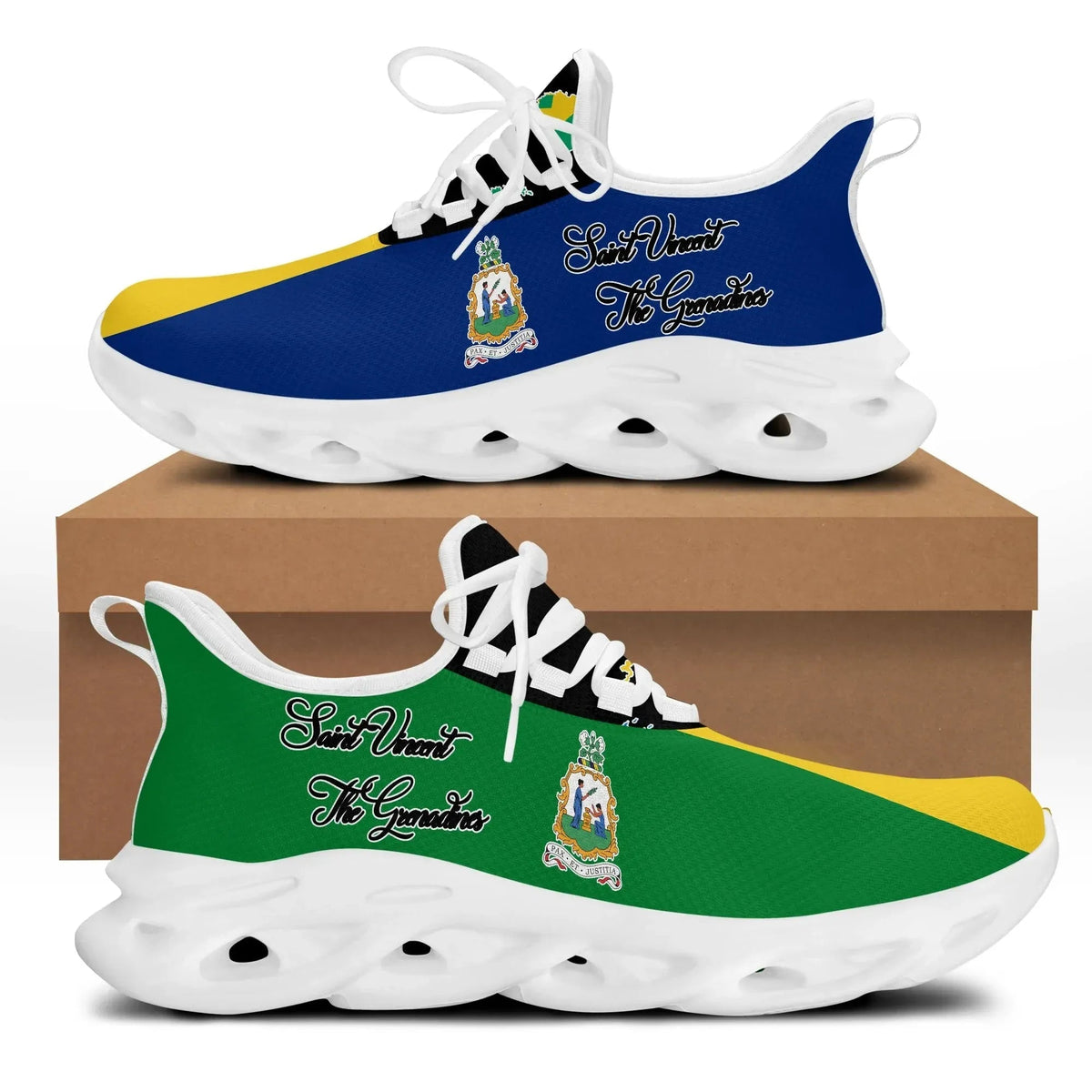 Clunky sneakers with blue green yellow flag print, white laces, white sole