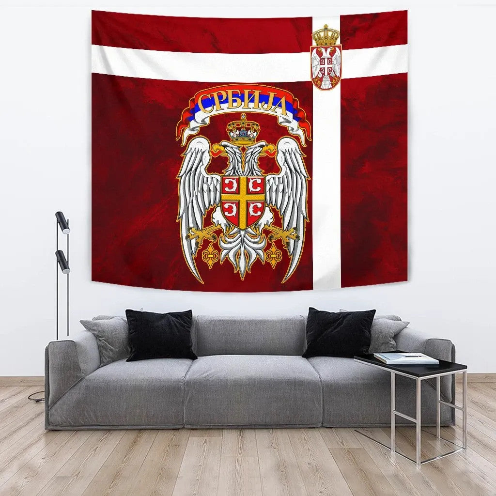 Serbia tapestry with red-white stripes and crowned emblem over white double-headed eagle