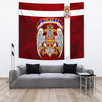 Serbia tapestry with red-white stripes and crowned emblem over white double-headed eagle