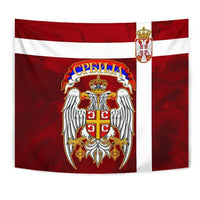 Serbia flag tapestry with crowned crest and white double-headed eagle