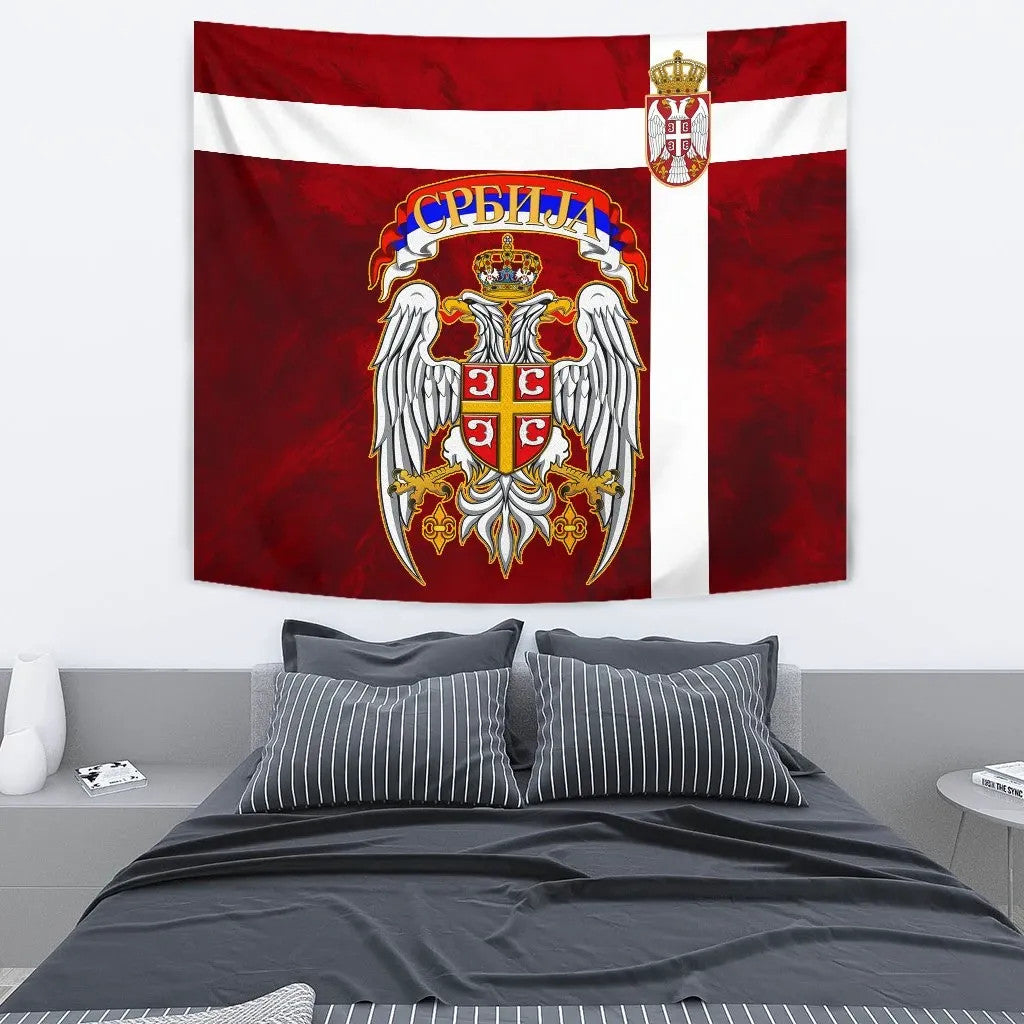 Serbia flag wall tapestry with large crest, crown, and white double-headed eagle