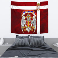 Serbia flag wall tapestry with large crest, crown, and white double-headed eagle