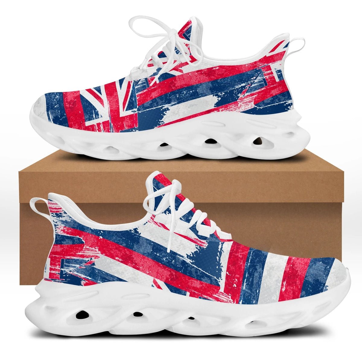 White clunky lace-up sneakers with red, blue, and white Hawaii flag print