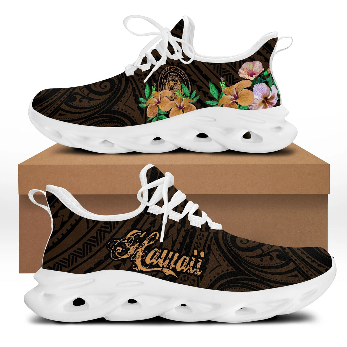 Black clunky sneakers with white laces, hibiscus floral print, and white chunky sole.
