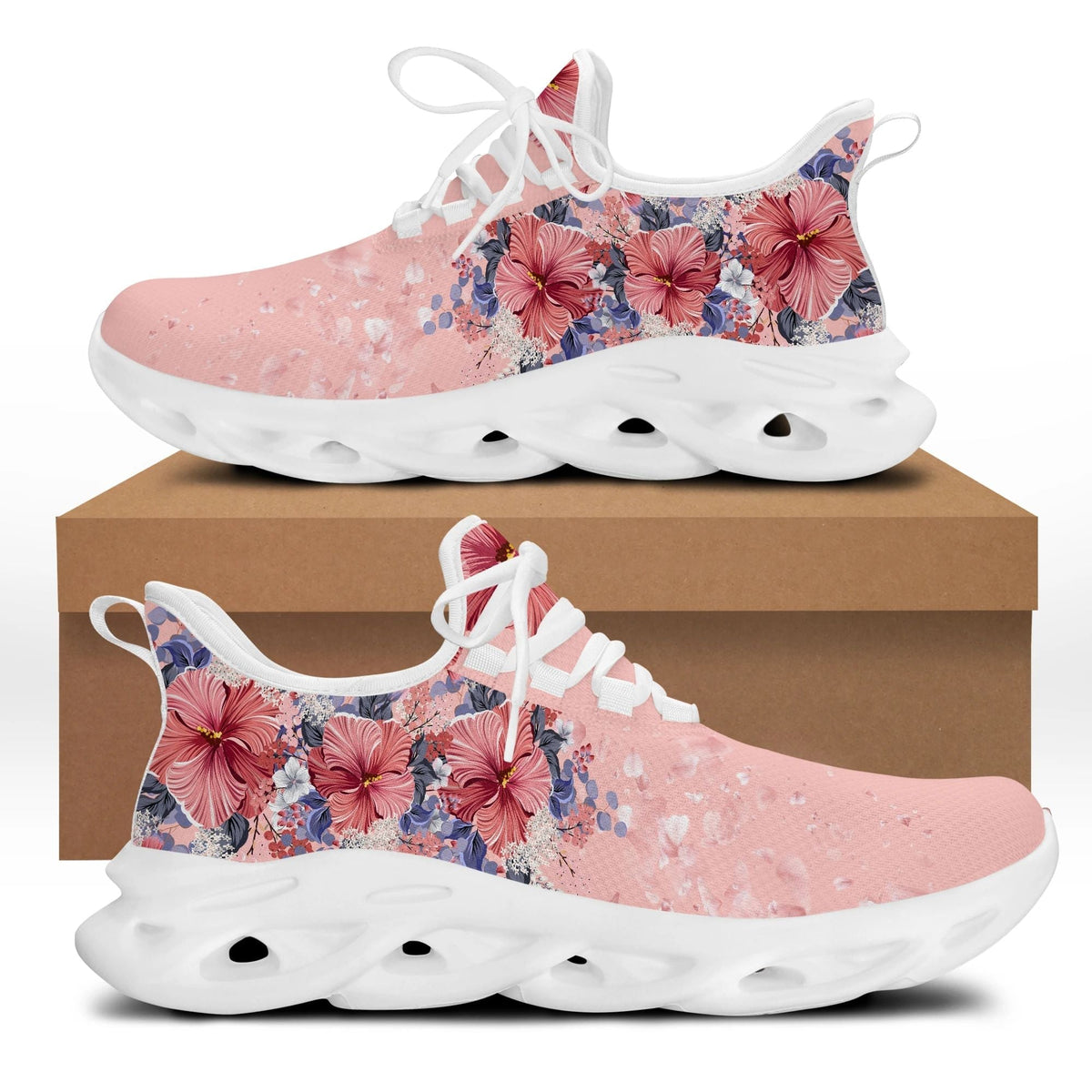Pink hibiscus floral clunky sneakers with falling petals print, white sole