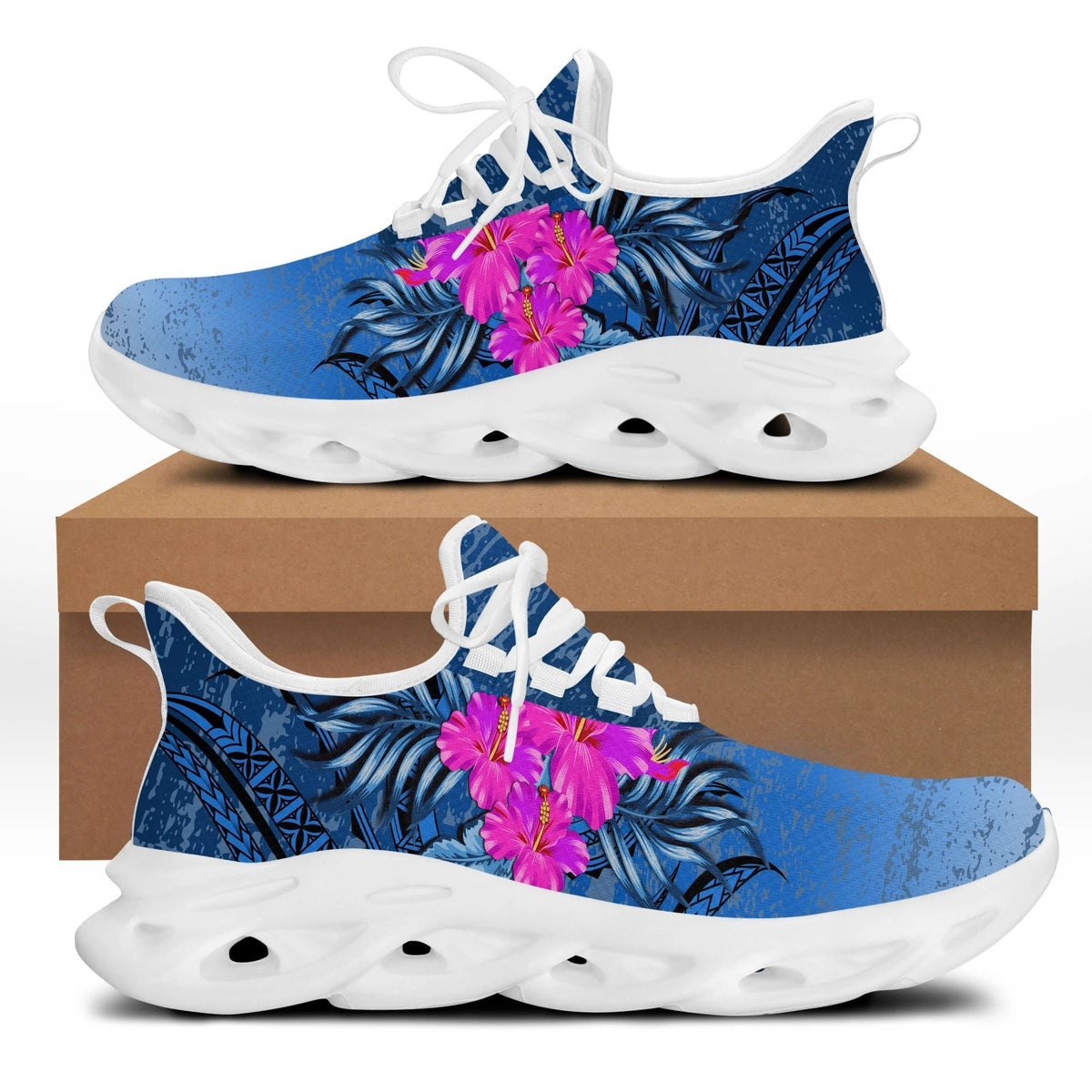 Blue clunky sneakers with hibiscus flower print and white perforated sole