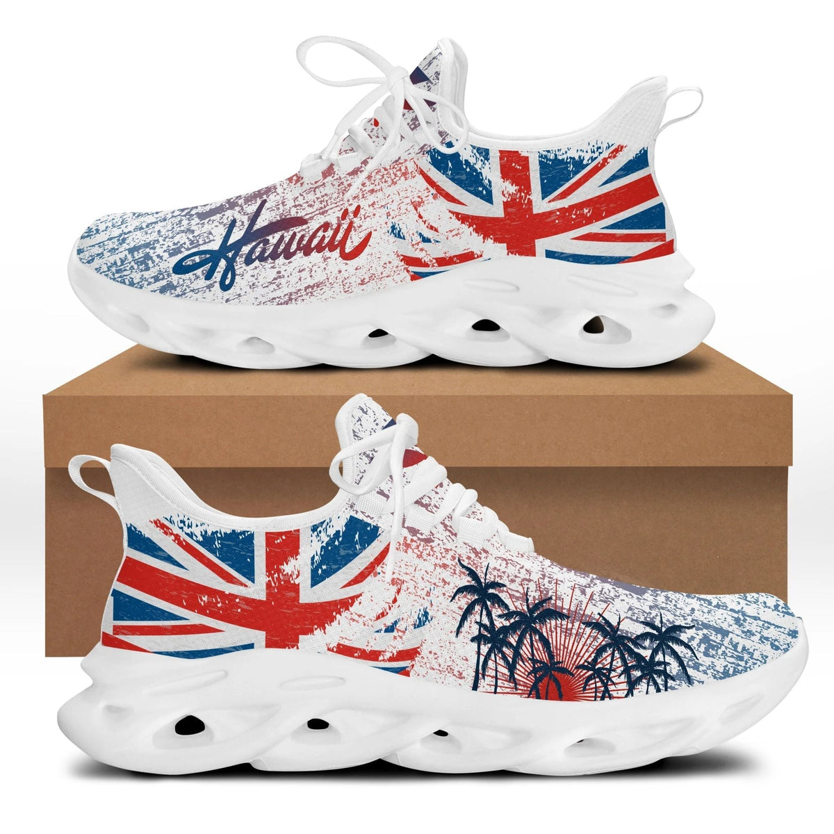 White clunky sneakers with Hawaii/UK flag print, blue-red accents, front lace-up view