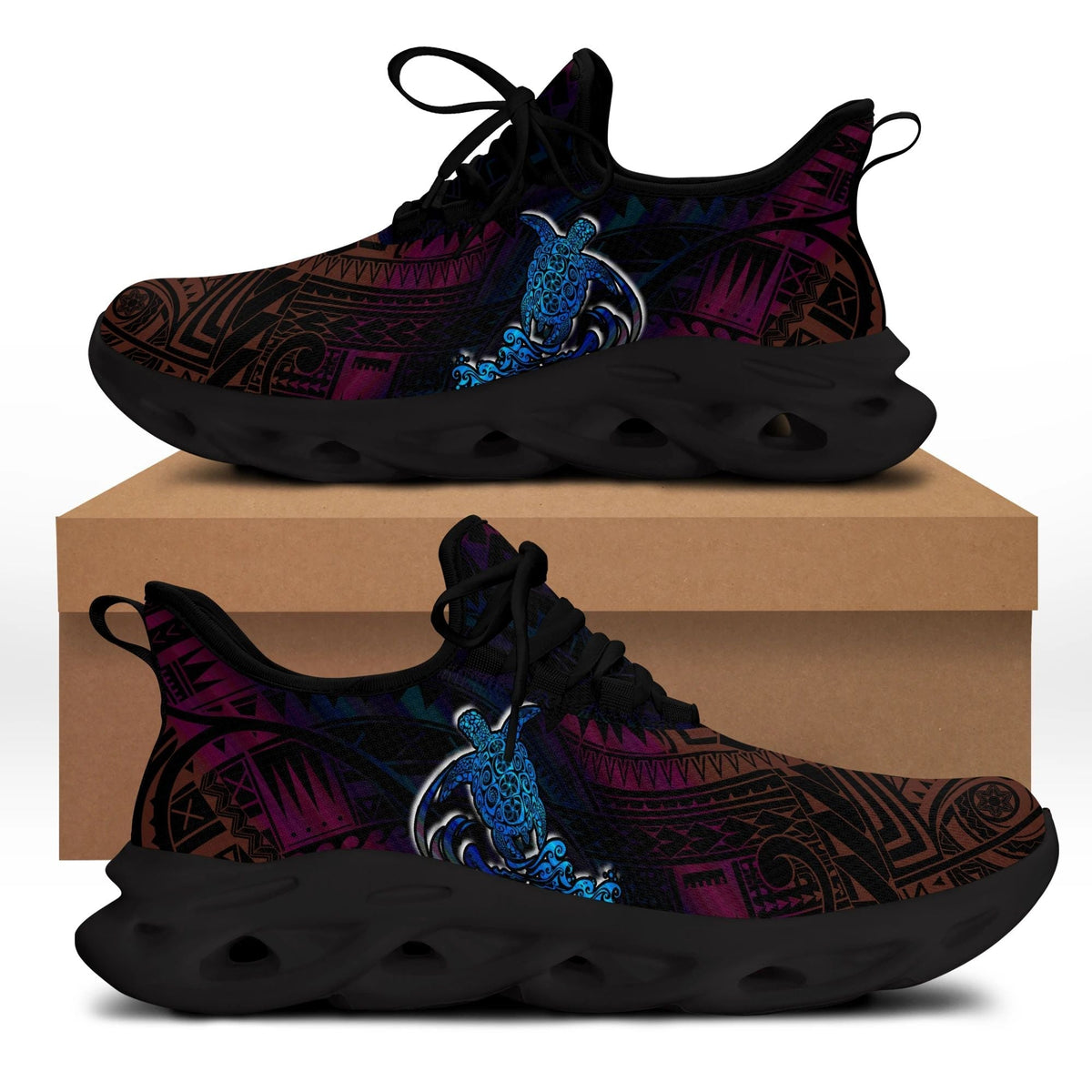 Clunky sea turtle print sneakers with black sole and black laces, tribal pattern upper