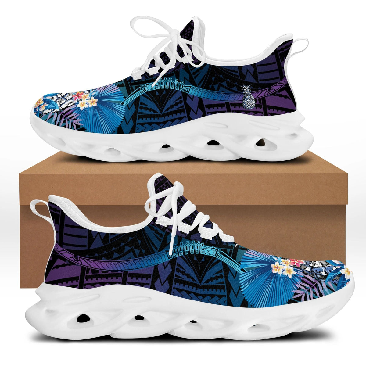 Tropical pineapple graphic chunky sneakers with dark upper, white laces and white sole