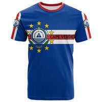 Blue Cape Verde flag T-shirt with crest, stars, and 'CAPE VERDE' on front