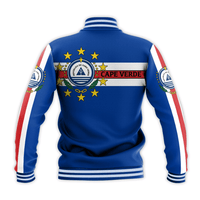 Cape Verde flag baseball jacket, blue back view with crest and striped rib hem