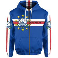 Blue zip-up hoodie with Cape Verde flag print on front and hood drawstrings