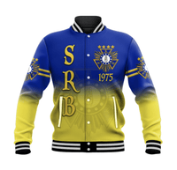 Blue baseball jacket with striped rib collar, snap front, bold emblem on chest and sleeves