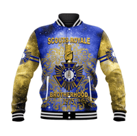 Blue varsity baseball jacket with galaxy print, gold accents, striped ribbed collar cuffs
