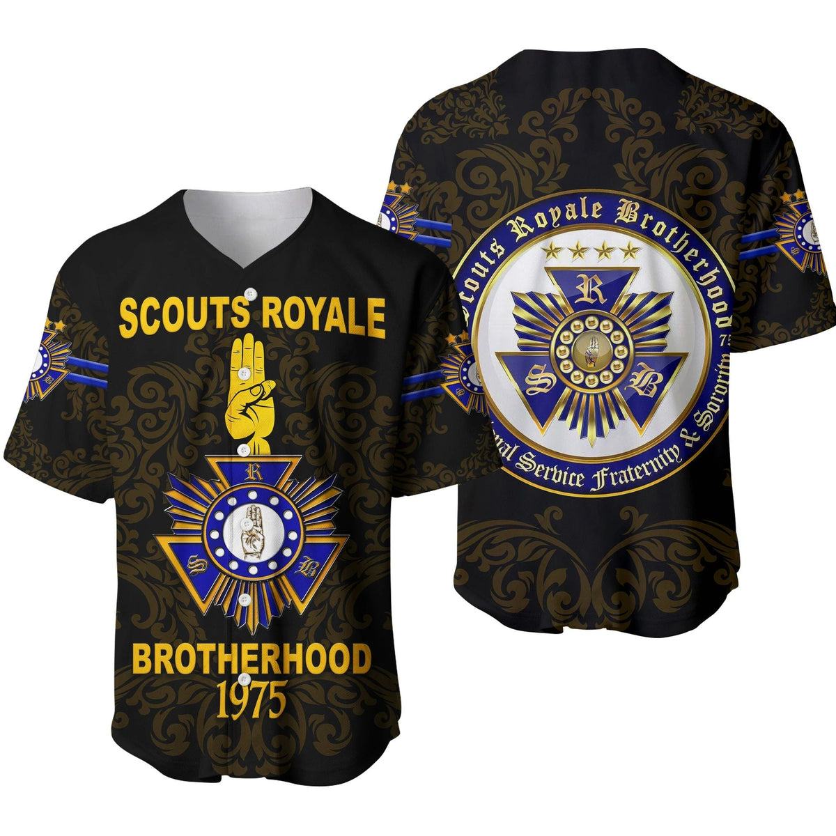 Black baseball jersey with gold and blue crest and script graphic, short sleeves.