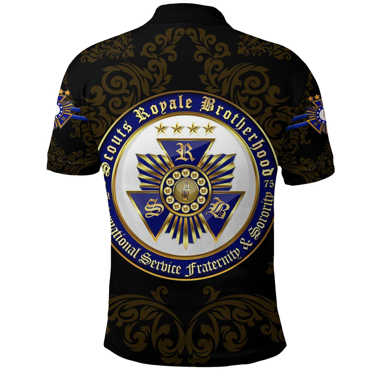 Black polo shirt with large back crest emblem and circular Scouts Royal Brotherhood text