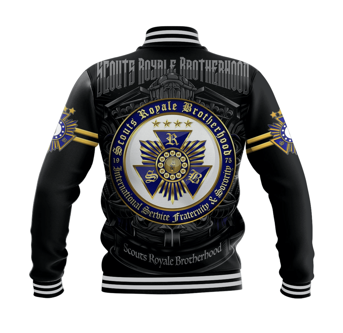 Black baseball jacket back with large circular crest and text, striped ribbed cuffs