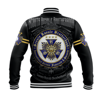 Black baseball jacket back with large circular crest and text, striped ribbed cuffs