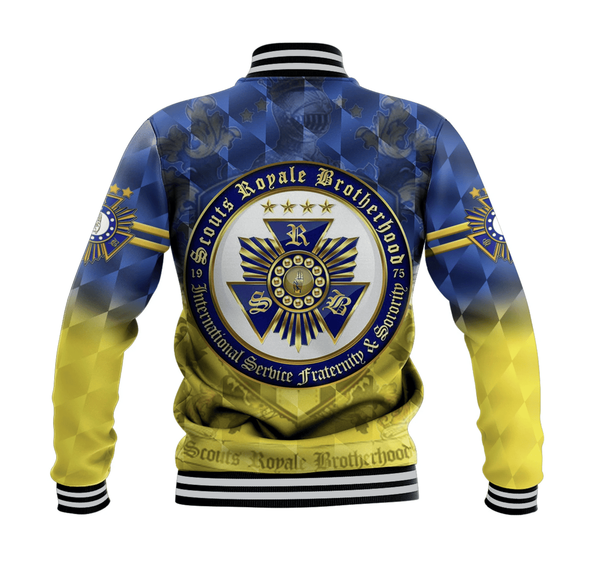 Back view blue varsity jacket with striped collar, gold emblem and text crest.