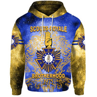 Blue pullover hoodie, gold galaxy hood, Scouts Royale Brotherhood front graphic