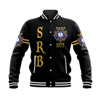 Black baseball jacket with snap front, ribbed collar, and gold/blue chest crest