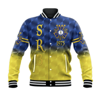 Blue baseball varsity jacket, snap front, striped cuffs, gold chest crest.