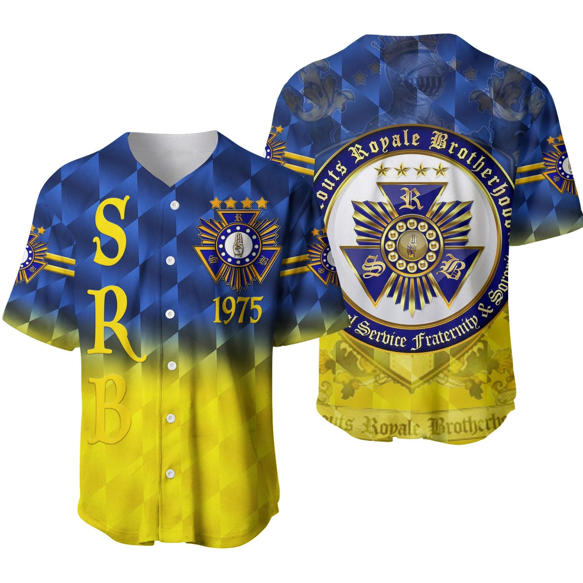 Blue baseball jersey with checker pattern, front crest, 1975 and SRB letters