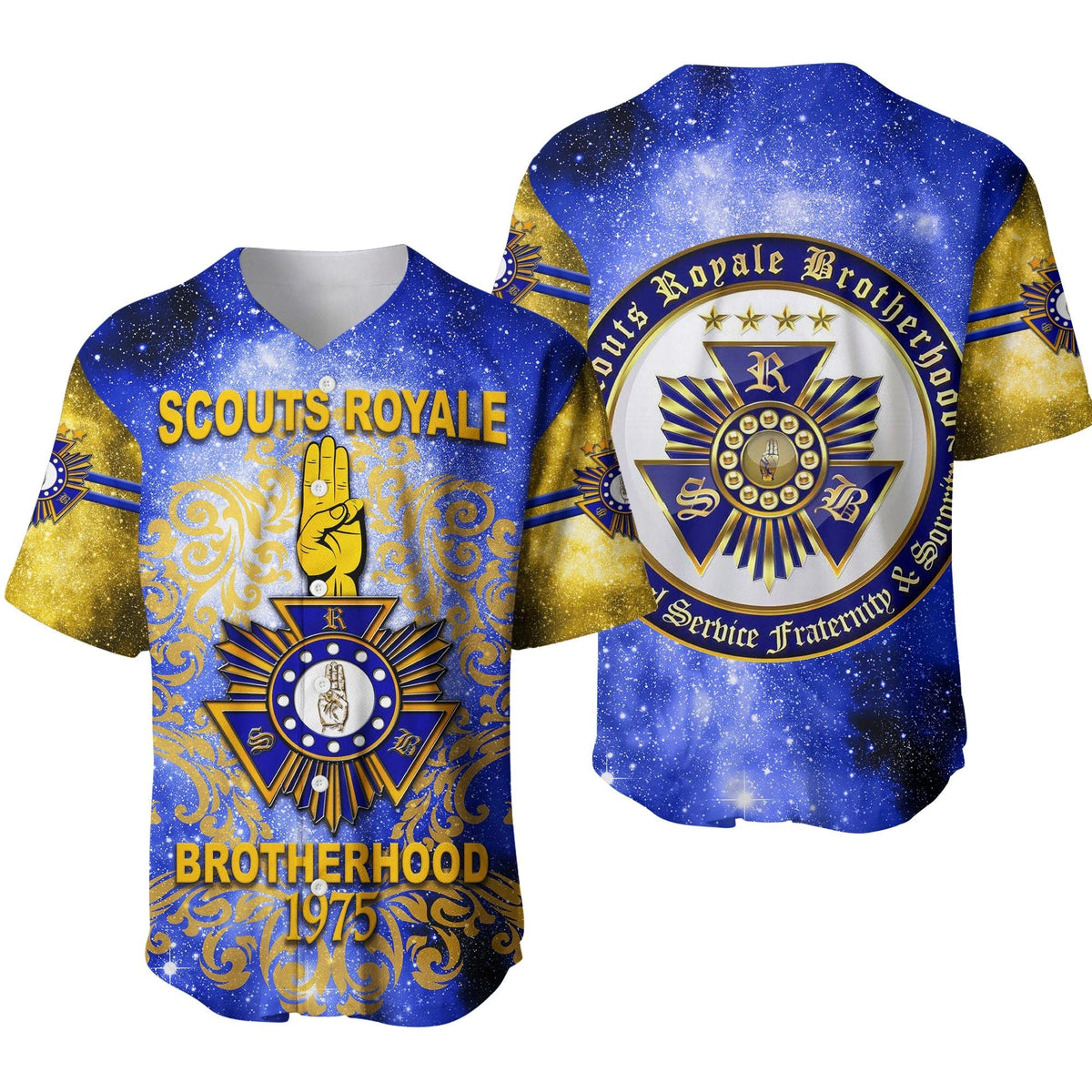 Blue baseball jersey with starry pattern, gold accents, Scouts Royale Brotherhood emblem