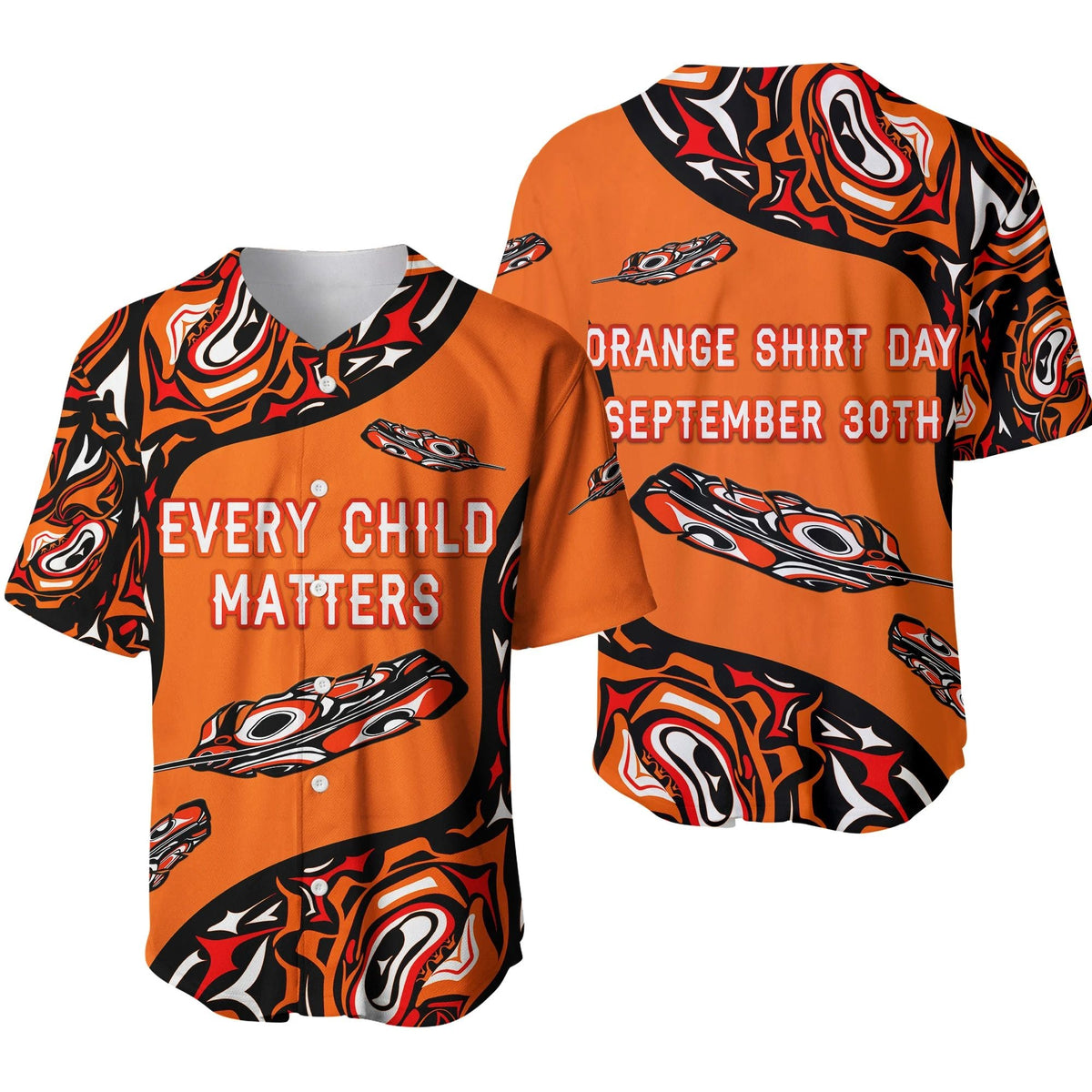 Orange baseball jersey with black tribal pattern and white “EVERY CHILD MATTERS” text