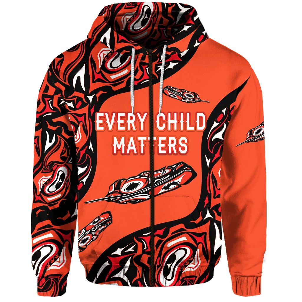 Orange zip hoodie with black-and-red abstract pattern and “Every Child Matters” text