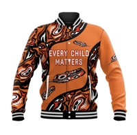 Orange baseball jacket with tribal-style graphics and “EVERY CHILD MATTERS” text