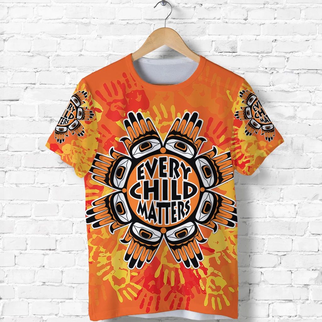 Orange short-sleeve T-shirt, front 'EVERY CHILD MATTERS' graphic with eye icons