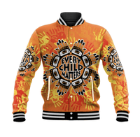 Orange baseball jacket, black ribbed collar; large front 'Every Child Matters' graphic