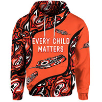 Orange pullover hoodie with bold 'EVERY CHILD MATTERS' text and black/red abstract print