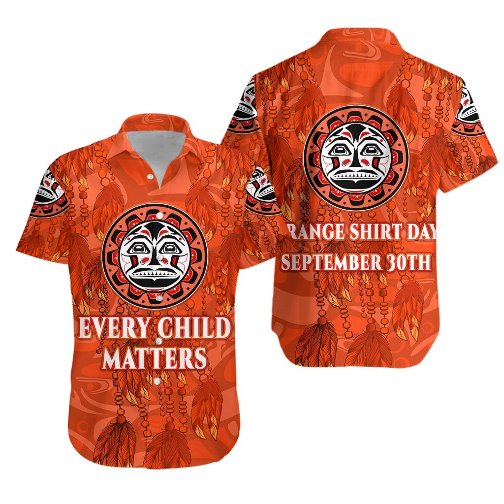 Kids orange Hawaiian shirt with bold mask graphic, feathers, and bead/leaf pattern; unisex