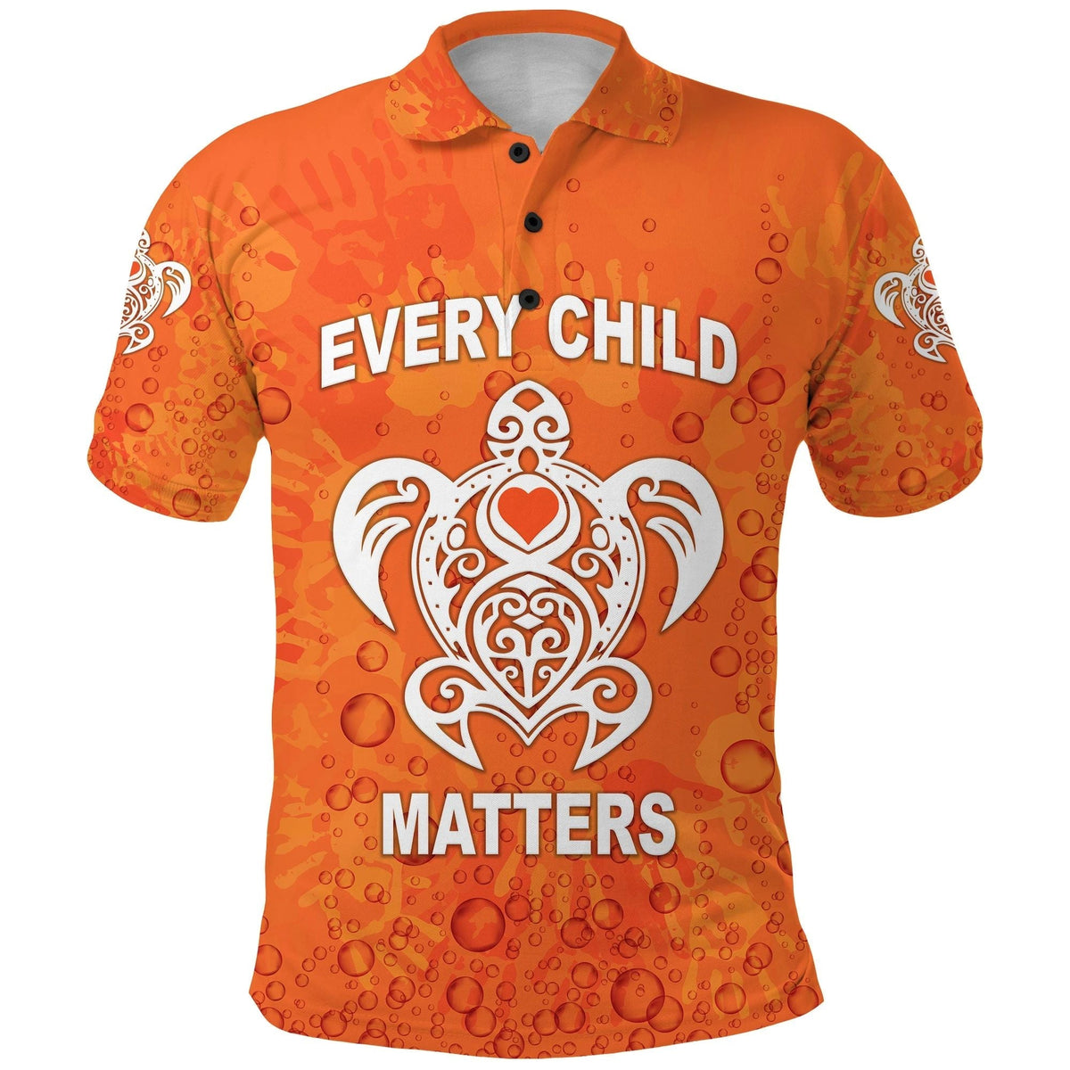 Orange kids polo shirt with EVERY CHILD MATTERS heart angel graphic
