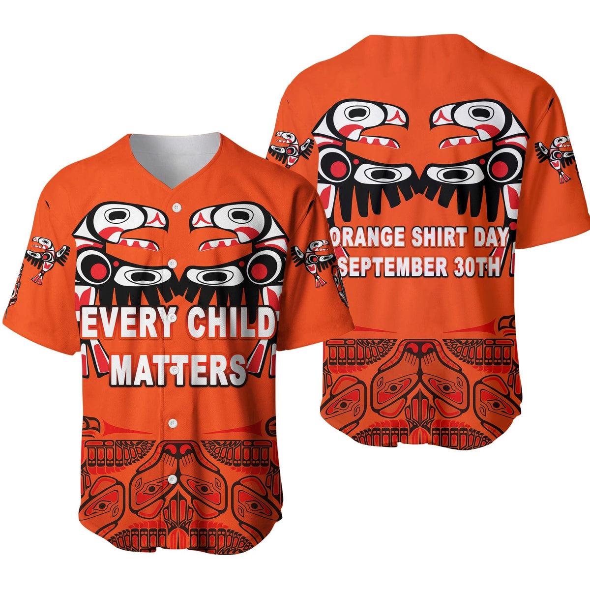 Orange kids baseball jersey with button placket and Every Child Matters graphics