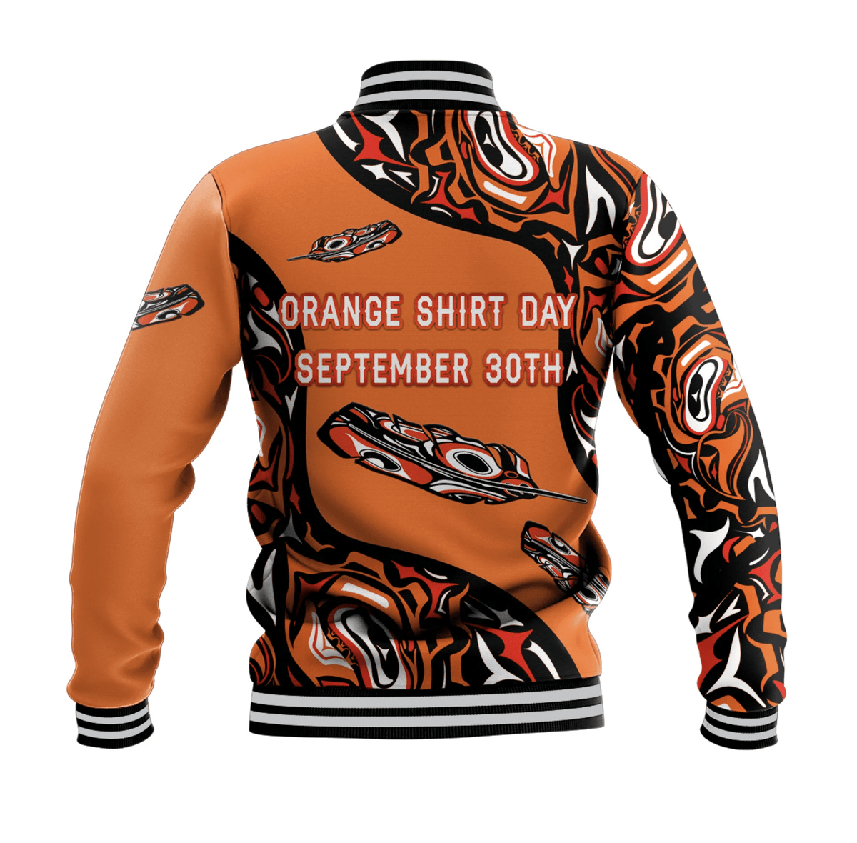 Orange baseball jacket back graphic with “ORANGE SHIRT DAY” and “SEPTEMBER 30TH”