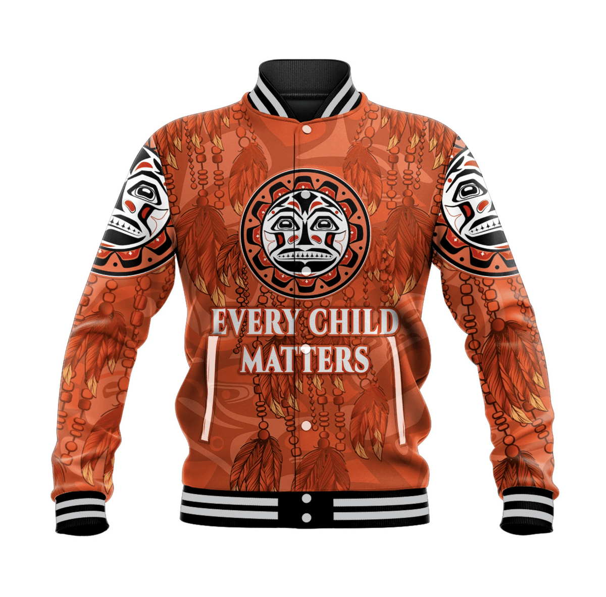 Orange baseball jacket with black collar, striped cuffs, and 'Every Child Matters' front graphic