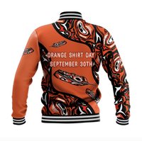Orange baseball jacket back with black ribbed trim and 'Orange Shirt Day September 30th' text