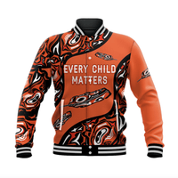 Orange baseball jacket front with black ribbed collar and 'Every Child Matters' graphic