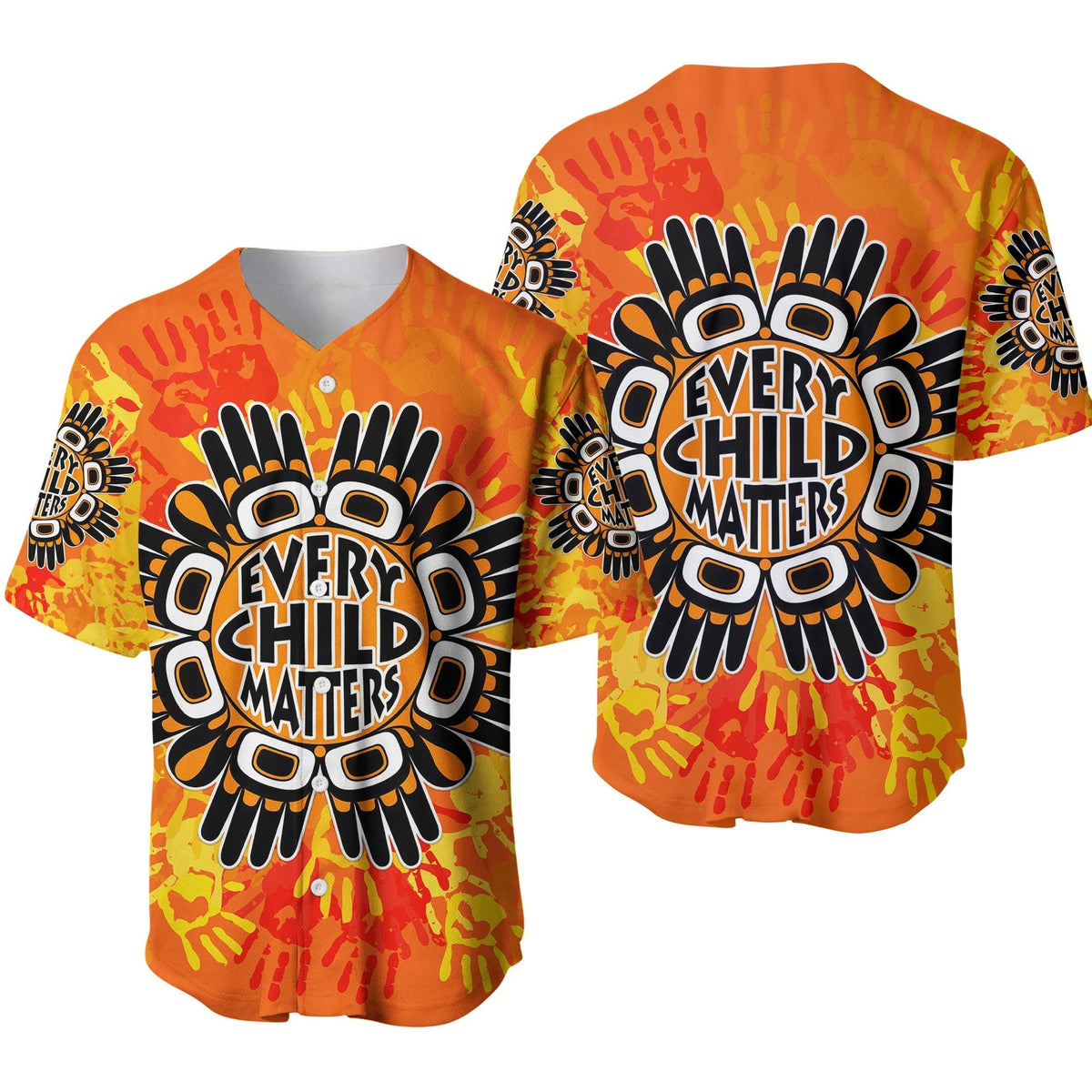 Orange baseball jersey, V-neck, Every Child Matters front graphic