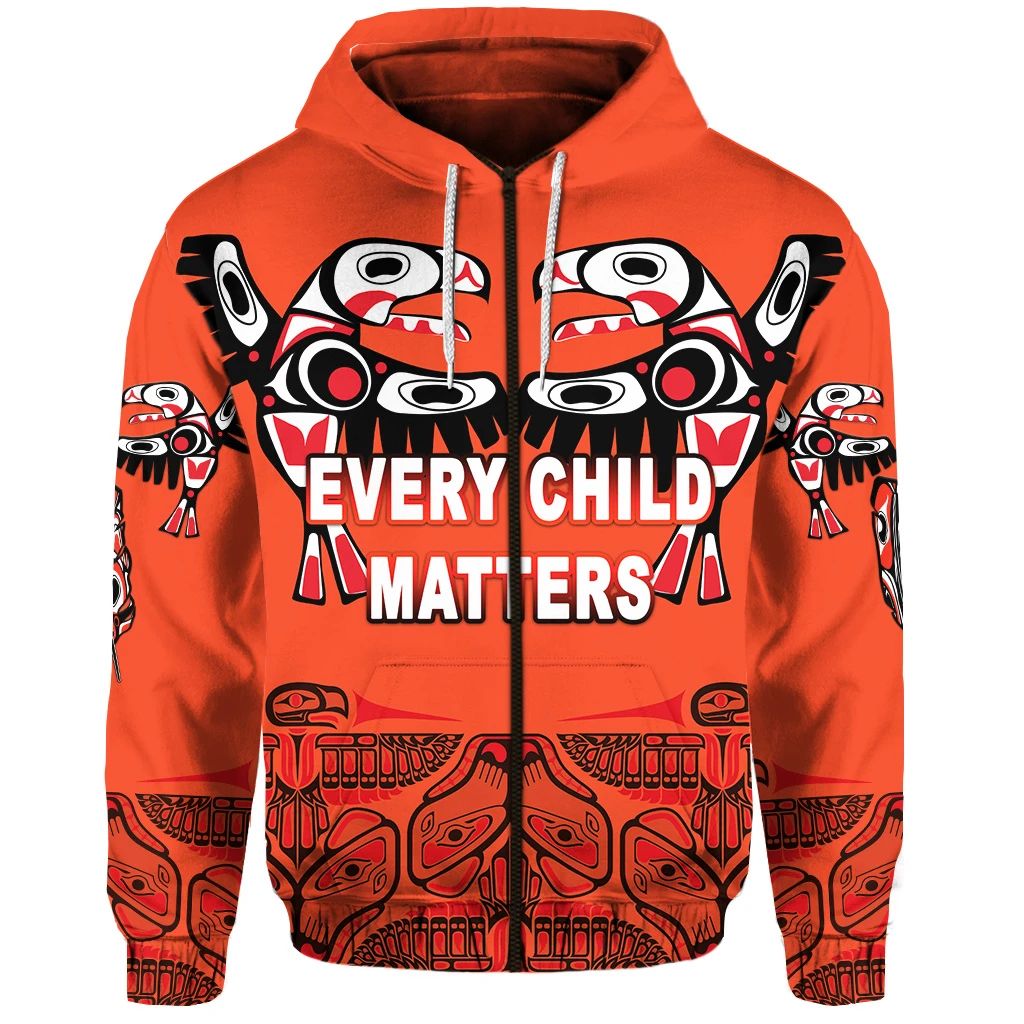 Orange zip hoodie with 'Every Child Matters' graphic and totem-style bird faces