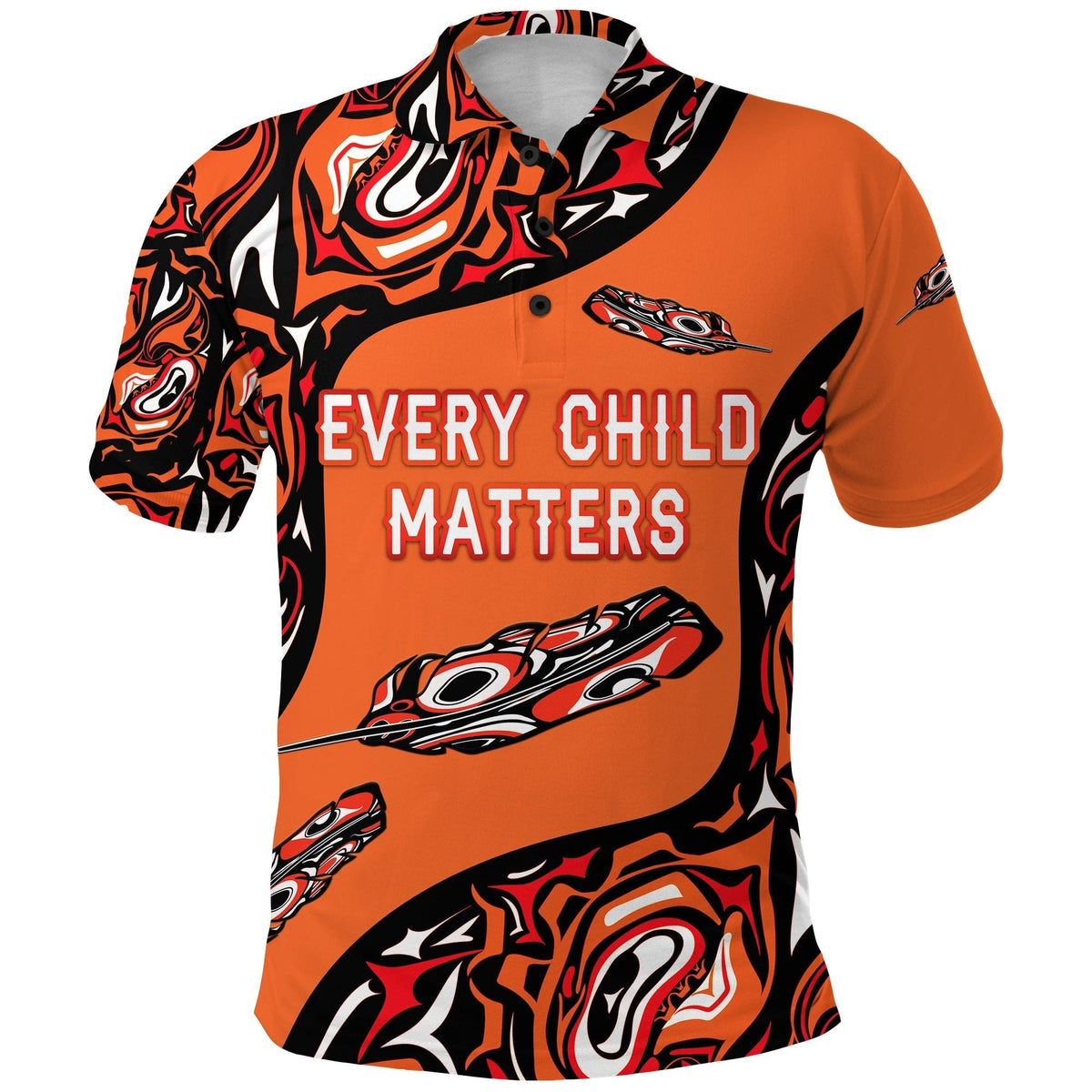 Orange polo shirt with black tribal pattern and “EVERY CHILD MATTERS” print