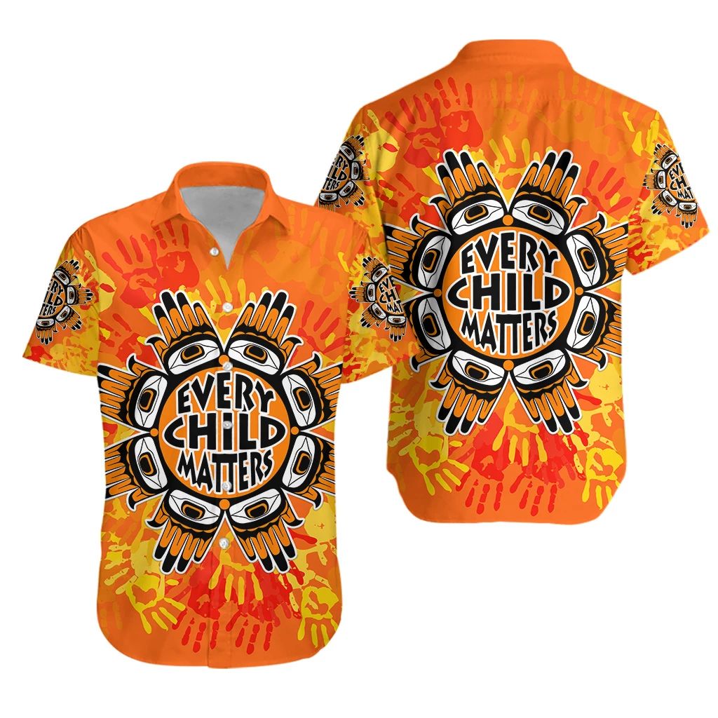 Orange unisex Hawaiian shirt with “Every Child Matters” front and back graphic