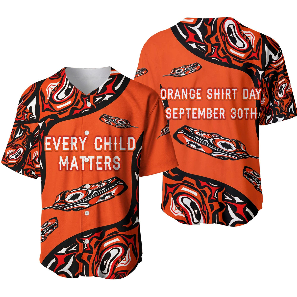 Orange baseball jersey with black trim, Every Child Matters lettering and tribal graphics
