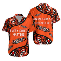 Orange Hawaiian shirt with black trim, feather pattern, and “Every Child Matters” text
