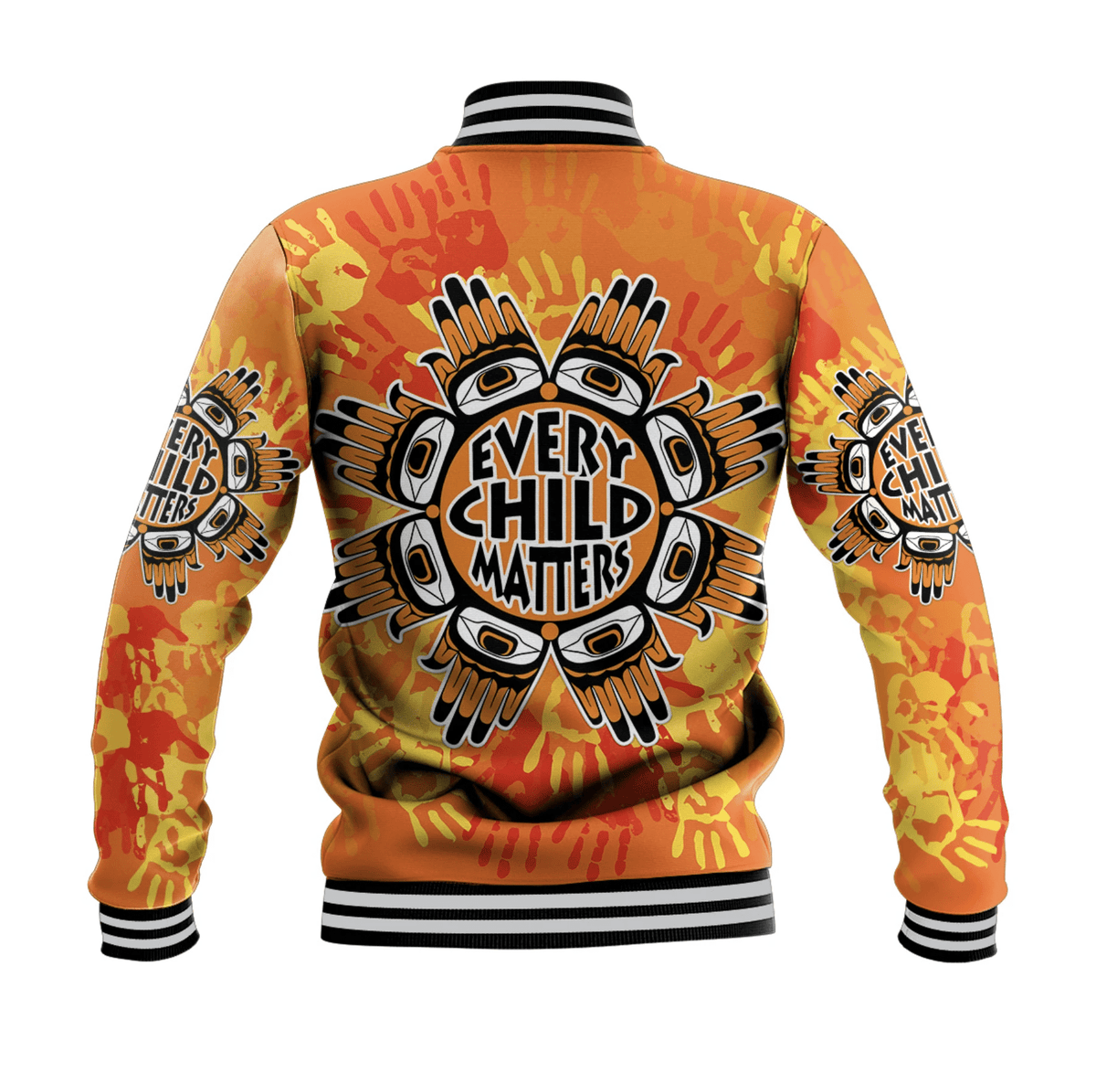 Orange baseball jacket with black striped hem; back 'Every Child Matters' graphic